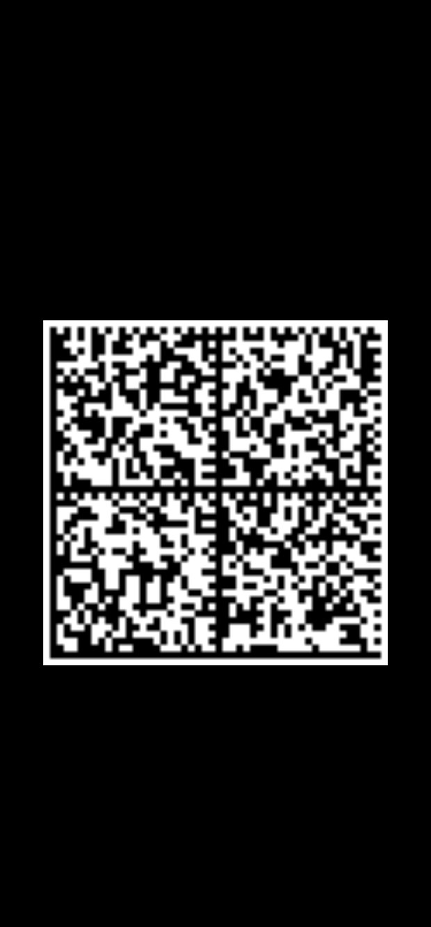 A DataMatrix setup barcode displayed on a phone screen, white on black, with a clear white margin around it